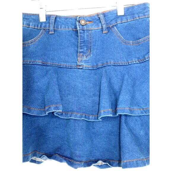 Denim Tiered Ruffle Mini Skirt Layered Blue Jean Y2K Elevated Indie - Picture 7 of 9